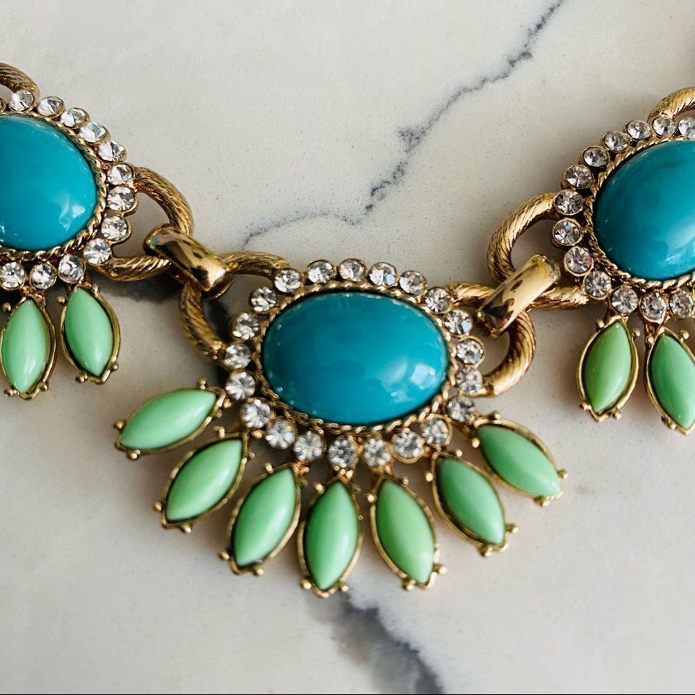 Bella Jack statement necklace gold tone with green and blue